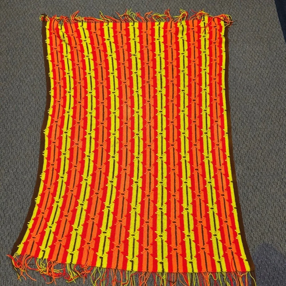 Homemade Crochet Afghan Blanket 67x53 Orange Yellow Brown Retro 70s Style Fringe